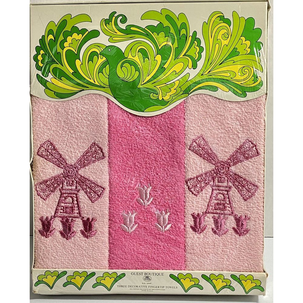 Vtg Terry Treasure Set Of Three Fingertip Towels New In Gift Box Windmill Tulips